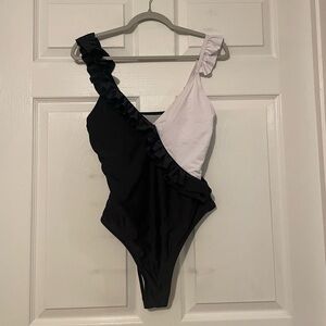 Shein Black and White Two-Toned Ruffled V-Neck One Piece Swimsuit